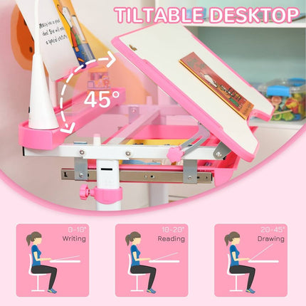 Kids Height-Adjustable Desk & Chair Set - Student Writing & Study Table - Pink