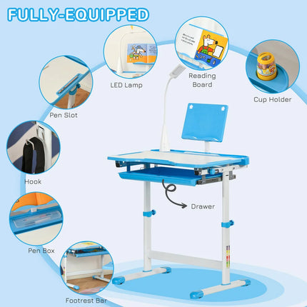 Kids Height Adjustable Desk and Chair Set Blue Study Table for Children