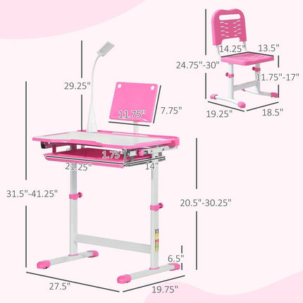 Kids Height-Adjustable Desk & Chair Set - Student Writing & Study Table - Pink