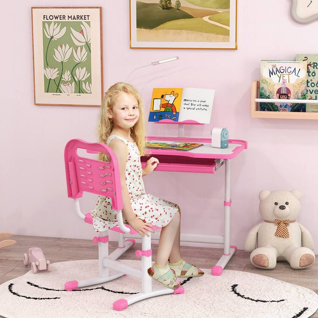 Kids Height-Adjustable Desk & Chair Set - Student Writing & Study Table - Pink