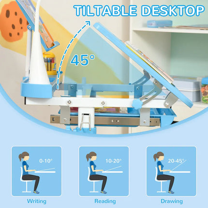 Kids Height Adjustable Desk and Chair Set Blue Study Table for Children