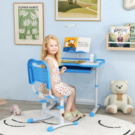 Kids Height Adjustable Desk and Chair Set Blue Study Table for Children