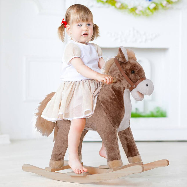 Kids Rocking Horse Ride-On Plush Toy with Wooden Base and Handle Grip