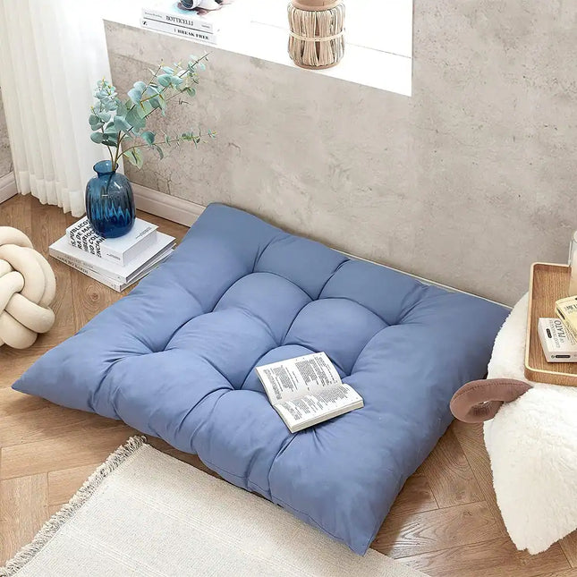Rainha Puffy Tufted Floor Pillow Denim Blue Plush Cushion for Relaxing and Lounging