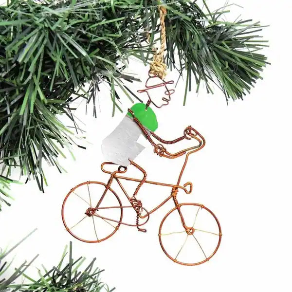Handmade Silver Bicyclist Ornaments Recycled Art Set of 2