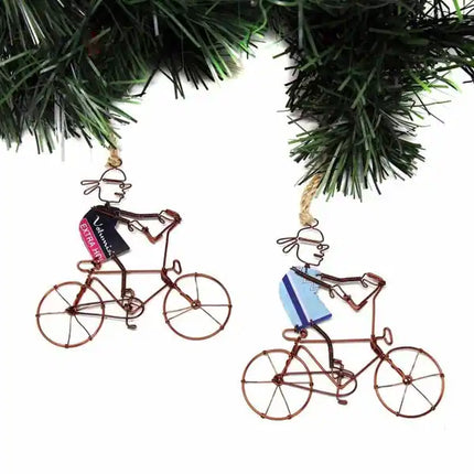Handmade Silver Bicyclist Ornaments Recycled Art Set of 2
