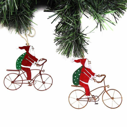 Recycled Wire Santa Bicycle Rider Ornament Set of 2 Handmade Decor
