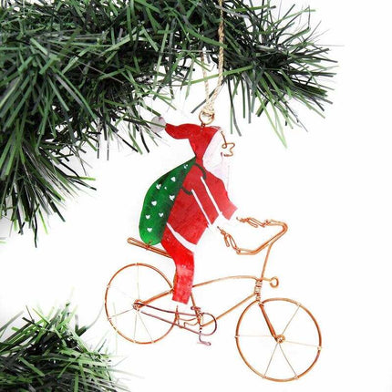 Recycled Wire Santa Bicycle Rider Ornament Set of 2 Handmade Decor