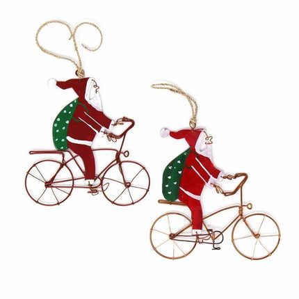 Recycled Wire Santa Bicycle Rider Ornament Set of 2 Handmade Decor