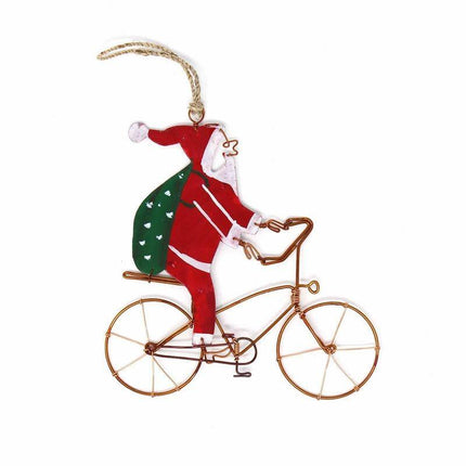 Recycled Wire Santa Bicycle Rider Ornament Set of 2 Handmade Decor