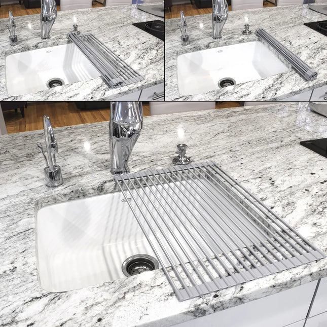 Warm Grey Roll-Up Dish Drying Rack Over Sink Space Saving Kitchen Rack