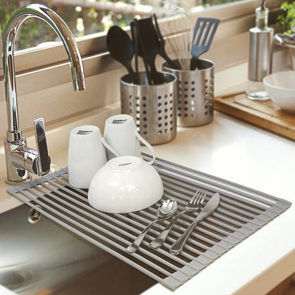 Warm Grey Roll-Up Dish Drying Rack Over Sink Space Saving Kitchen Rack