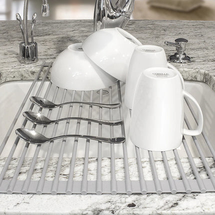 Warm Grey Roll-Up Dish Drying Rack Over Sink Space Saving Kitchen Rack