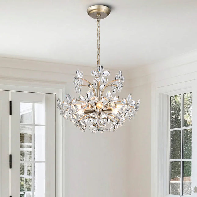 Rosa 6-Light Flower Crystal Chandelier – Brushed Silver-Champagne Finish