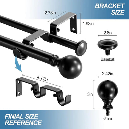 Round Ball Designer Double Drapery Curtain Rod – Adjustable with Hardware