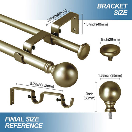 Round Ball Designer Adjustable Double Curtain Rod 28"-48" - Antique Gold Drapery Hardware