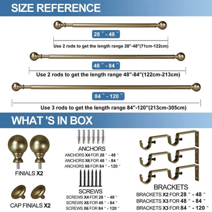 Round Ball Designer Adjustable Double Curtain Rod 28"-48" - Antique Gold Drapery Hardware