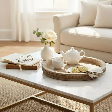 Round Decorative Wood Tray for Coffee Table and Home Décor Display