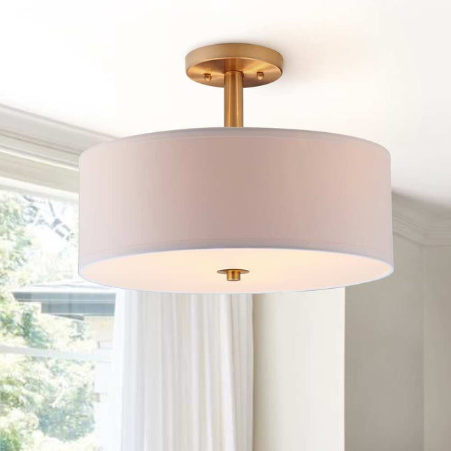 3-Light Gold Ceiling Light – Clara Cotton Drum Fixture, 16"x16"x11.25"