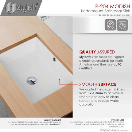 20x15 Inch Porcelain Undermount Vanity Sink Rectangular with Overflow