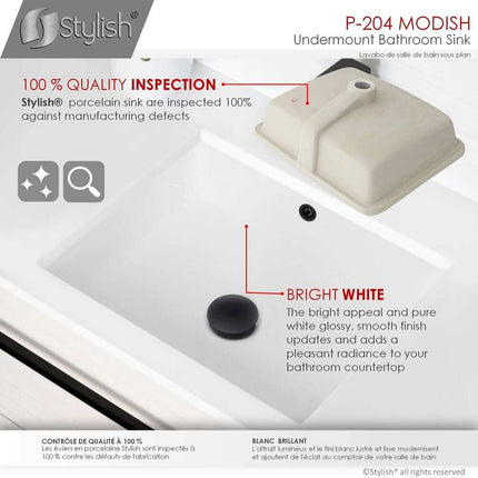20x15 Inch Porcelain Undermount Vanity Sink Rectangular with Overflow