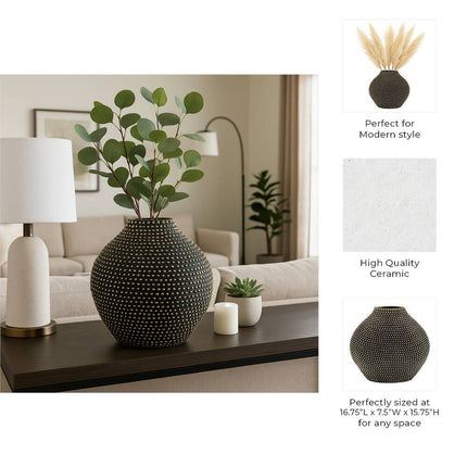 Contemporary Ceramic Beaded Vase 16.75-Inch Black Decorative Home Accent