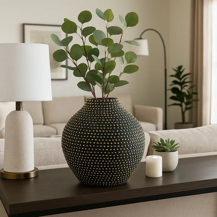 Contemporary Ceramic Beaded Vase 16.75-Inch Black Decorative Home Accent
