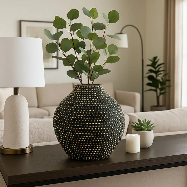 Contemporary Ceramic Beaded Vase 16.75-Inch Black Decorative Home Accent
