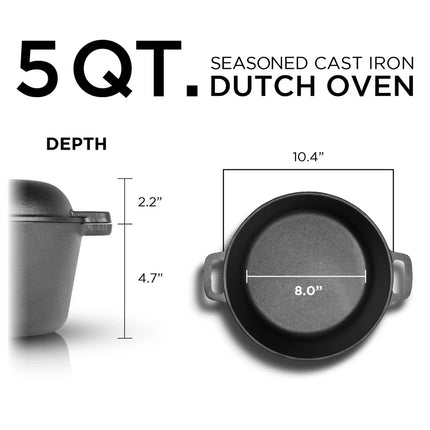 5 Qt Seasoned Cast Iron Dutch Oven with Skillet Lid Multipurpose Cookware