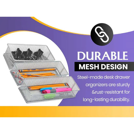 2-Pack Silver Mesh Drawer & Shelf Organizer Bins – 6x12x2, Office & School