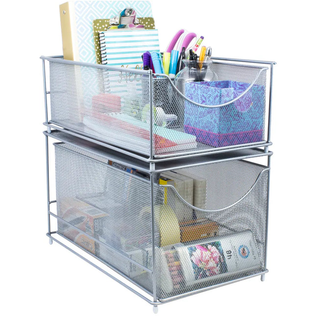 Silver Mesh Cabinet Organizer Set 2 Piece Storage Organizer for Home Use
