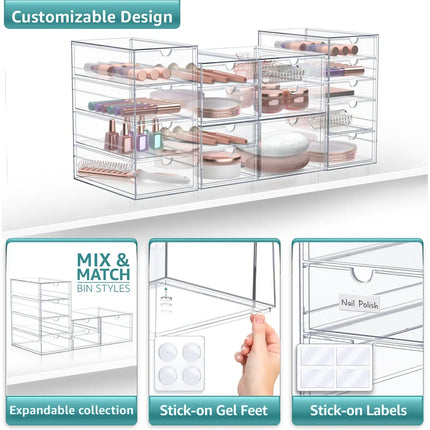 4-Pack Clear Stackable Storage Bins – 16 Drawer Multipurpose Organize