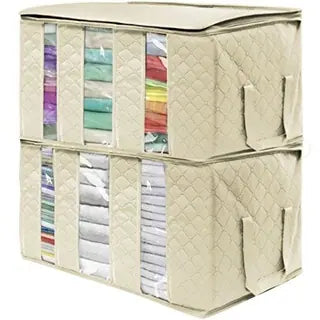 Beige 3 Section Foldable Fabric Storage Bags Set of 2 for Home Use
