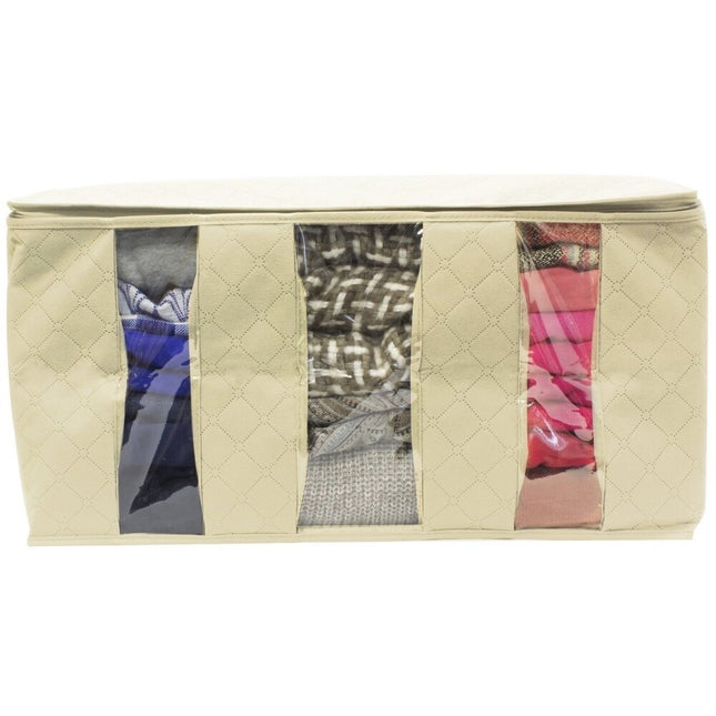 Beige 3 Section Foldable Fabric Storage Bags Set of 2 for Home Use