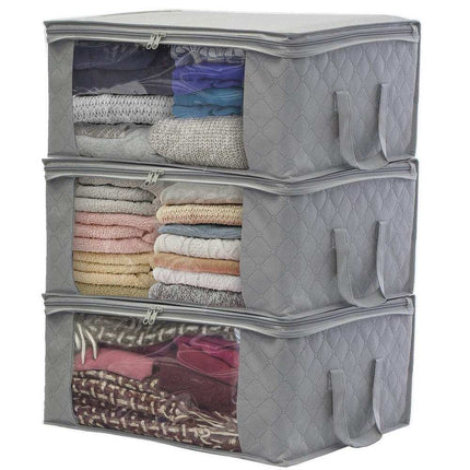 3-Pack Foldable Storage Bag Organizer – Gray, for Clothes & Blankets