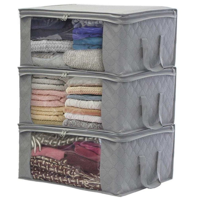 3-Pack Foldable Storage Bag Organizer – Gray, for Clothes & Blankets