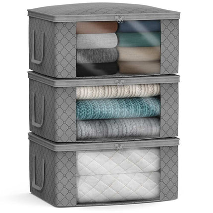 3-Pack Foldable Storage Bag Organizer – Gray, for Clothes & Blankets