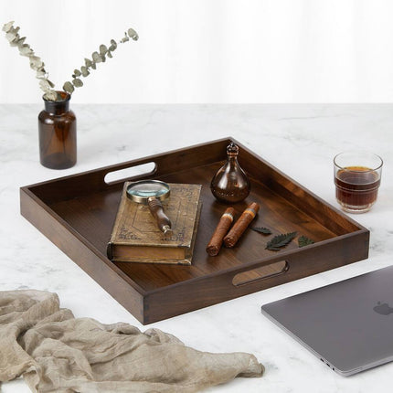 Square Black Walnut Wood Serving Tray – Ottoman Tray with Handles