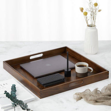 Square Black Walnut Wood Serving Tray – Ottoman Tray with Handles