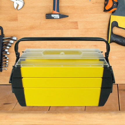 Yellow Portable Tool Box – Rugged Plastic, 3 Tiers & 5 Compartments