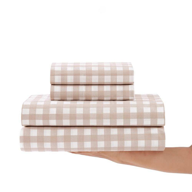 Twin Cotton Percale Printed Sheet Set Cottage Check Beige Soft Breathable Bedding