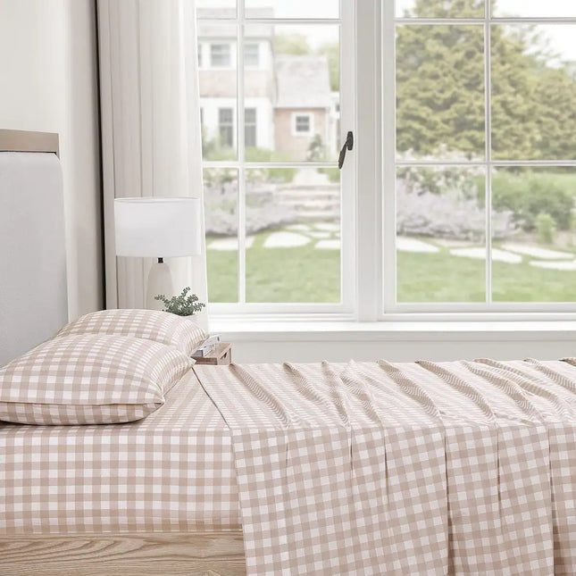 Twin Cotton Percale Printed Sheet Set Cottage Check Beige Soft Breathable Bedding
