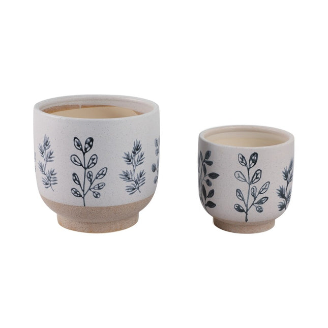 Set of 2 Ceramic Planters – Hand-Painted Leaves Design, 6" & 8"