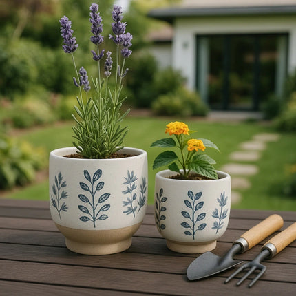 Set of 2 Ceramic Planters – Hand-Painted Leaves Design, 6" & 8"