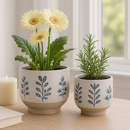 Set of 2 Ceramic Planters – Hand-Painted Leaves Design, 6" & 8"