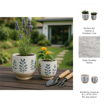 Set of 2 Ceramic Planters – Hand-Painted Leaves Design, 6" & 8"