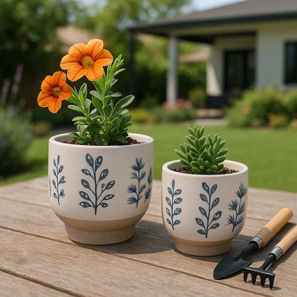 Set of 2 Ceramic Planters – Hand-Painted Leaves Design, 6" & 8"