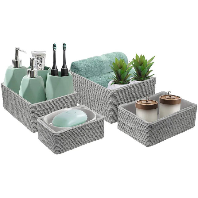 Storage Baskets 4 Pack Gray Woven Paper Rope Stackable Organizer Bins