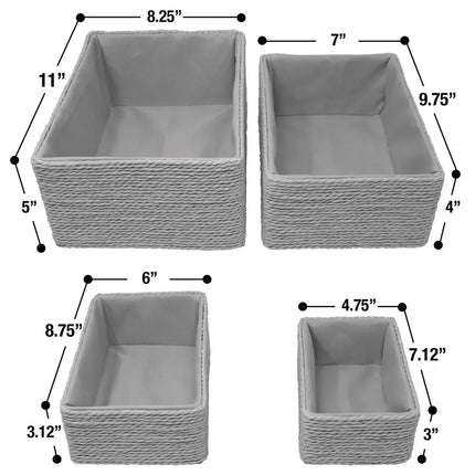 Storage Baskets 4 Pack Gray Woven Paper Rope Stackable Organizer Bins