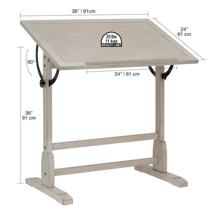 Wood Drafting Table 36" with Adjustable Top, Vintage Whitewash Style